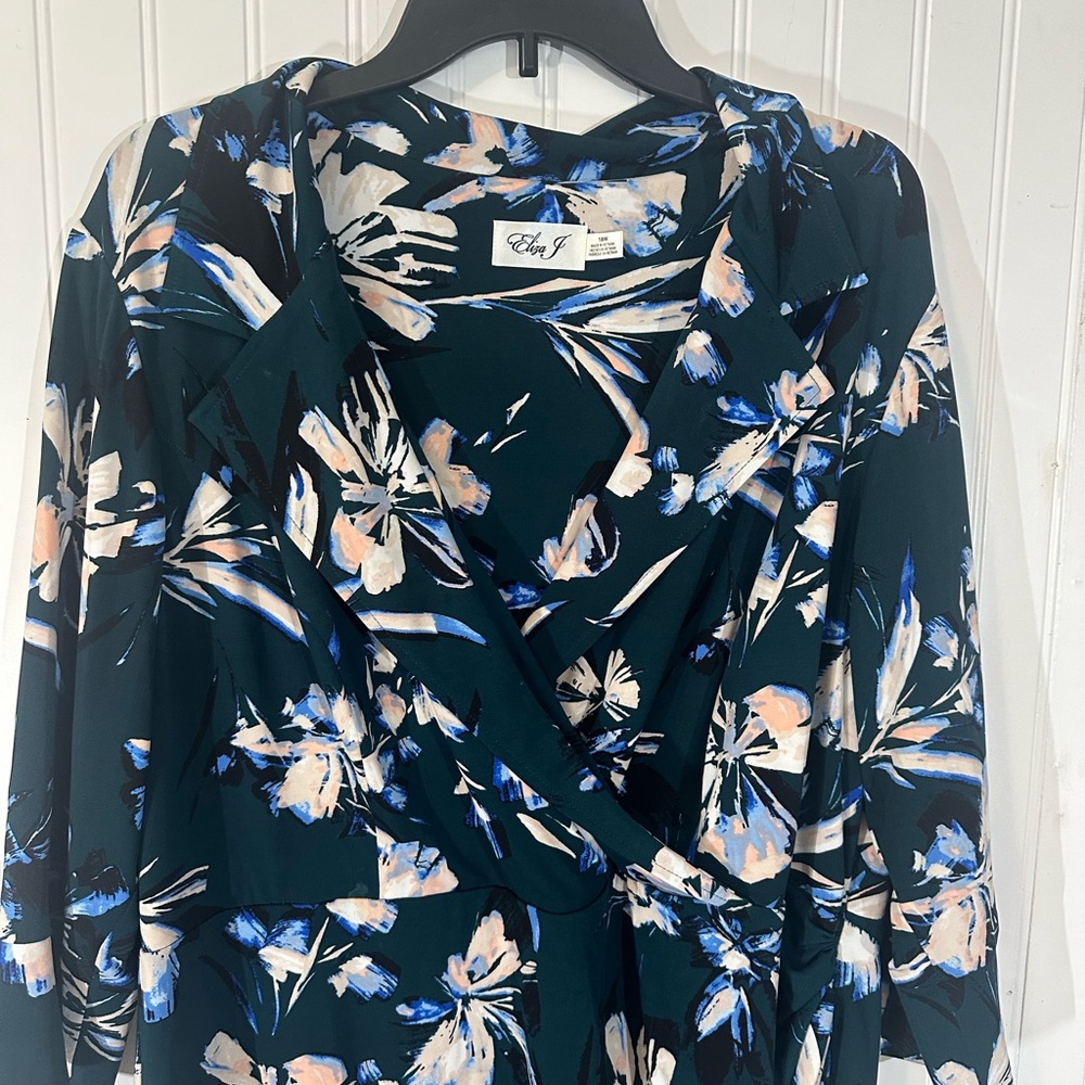 Eliza J Dress 18W Teal White Pink Sleeve Blue Green